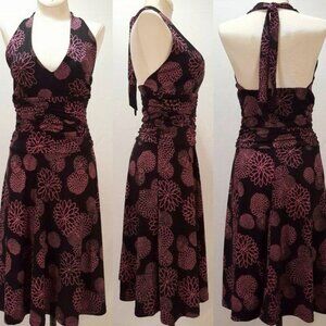 SNAP Floral Pint Halter Dress S Womens Sleeveless Ruched Black Purple Flowy Knit